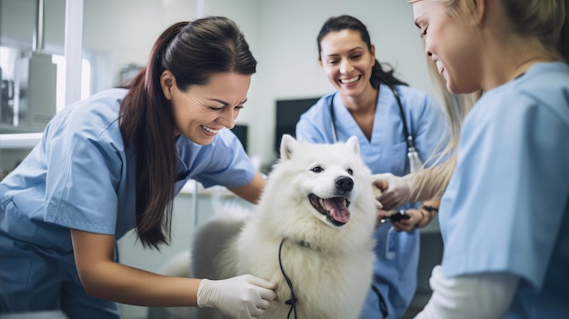 Grupo de veterinarios examina al perro en la clínica Creado con tecnología de IA generativa