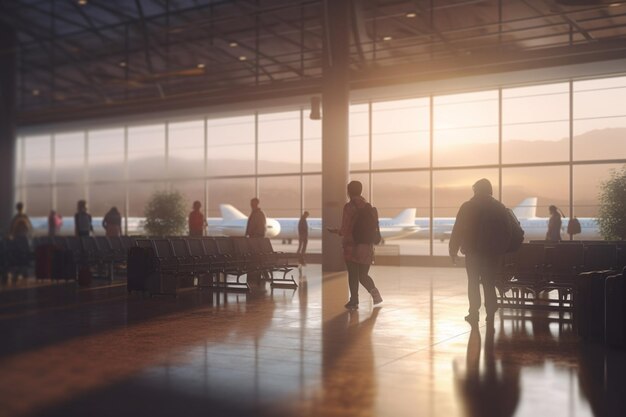 Un grupo de viajeros esperando pacientemente en la terminal del aeropuerto lleno de IA generada