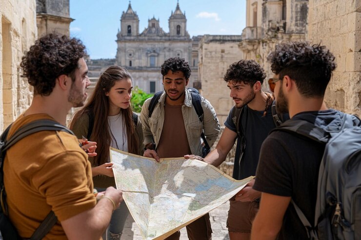Grupo de viajeros estudiando un mapa en las calles históricas de las ciudades europeas IA generativa