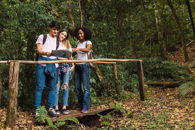 Grupo de viajeros mirando el mapa en la selva.