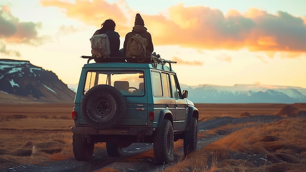 Foto un grupo de viajeros viajan en coche por el parque safari de áfrica para ver la naturaleza y los animales salvajes