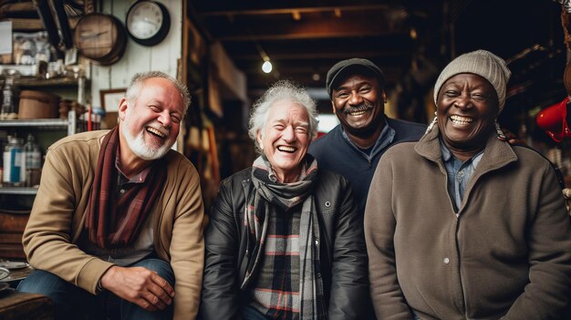 Foto grupo de viejos amigos unidos en el taller