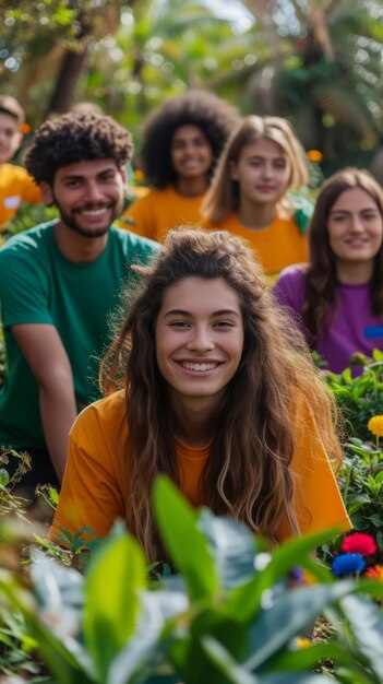 Grupo de voluntarios diversos en un jardín comunitario