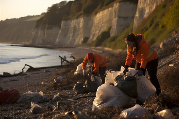 Foto un grupo de voluntarios enérgicos recogen activamente la basura en la playa y en el agua