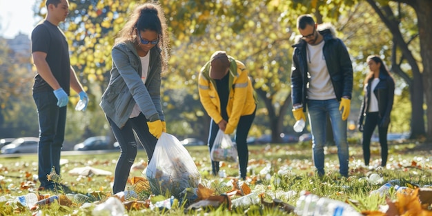 Foto un grupo de voluntarios limpiando la basura en un parque