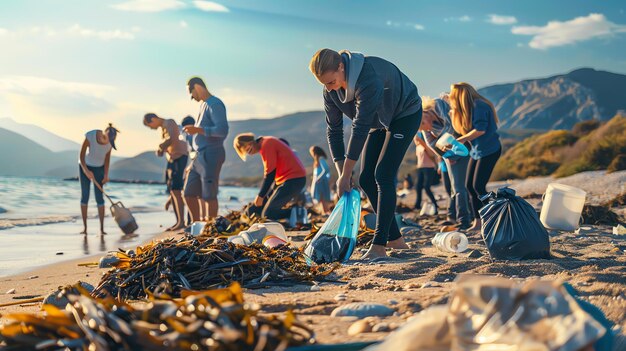 Un grupo de voluntarios mantienen la playa limpia y la ponen en bolsas.