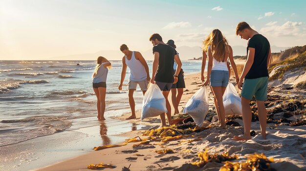 Foto un grupo de voluntarios mantienen la playa limpia recogen la basura de la arena y el agua para preservar el medio ambiente