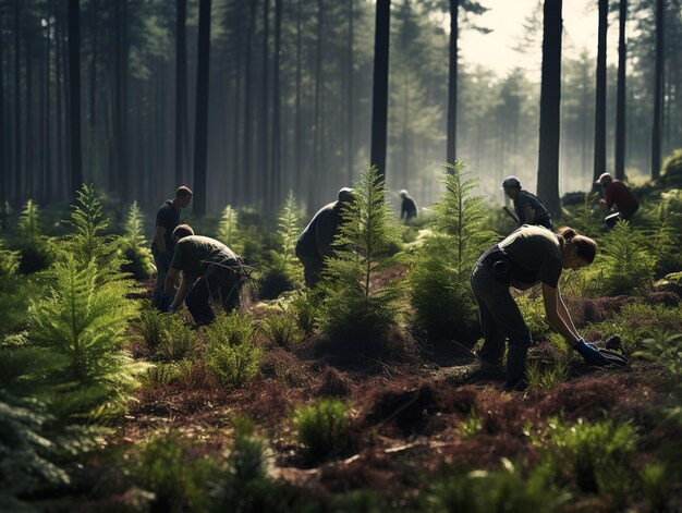 Grupo de voluntarios plantando pinos en el bosque