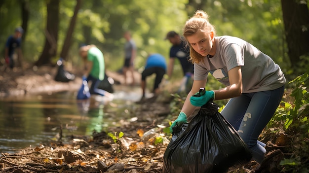 Un grupo de voluntarios que limpia la basura en entornos naturales o urbanos