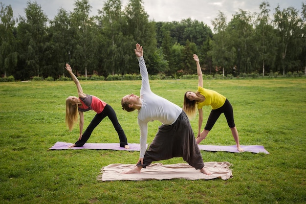 Un grupo de yoguis en una elegante pose durante las actividades al aire libre, verano