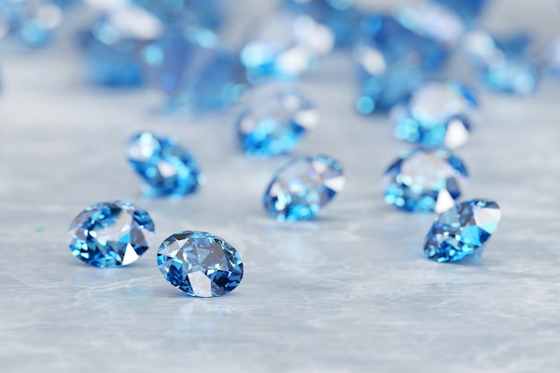 Grupo de zafiro de diamante azul colocado sobre fondo brillante foco de objeto principal representación 3d