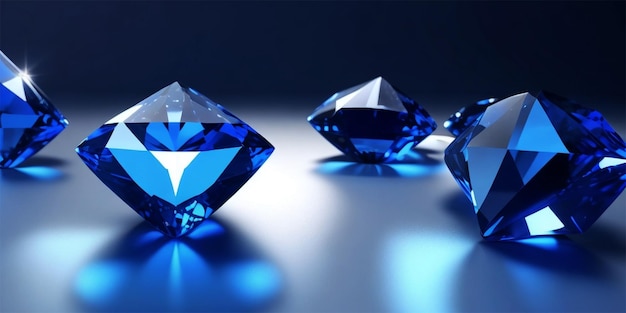 Grupo de zafiro de diamante azul colocado sobre fondo brillante objeto principal enfoque representación 3d