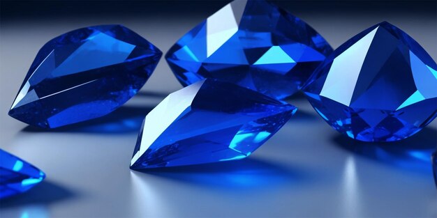 Grupo de zafiro de diamante azul colocado sobre fondo brillante objeto principal enfoque representación 3d