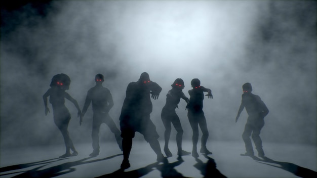 Foto grupo de zombies aterradores atacando. concepto de halloween. representación 3d.
