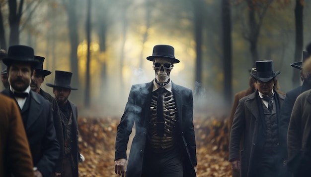 Un grupo de zombis caminando en un bosque de niebla Halloween