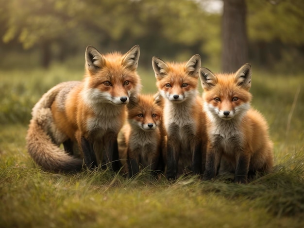 un grupo de zorros sentados en un campo de hierba junto a los árboles