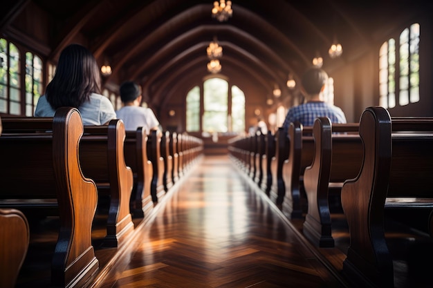 Foto grupos cristianos asiáticos sentados dentro de la iglesia católica