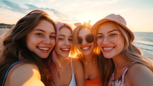 Grupos de belas mulheres jovens posam para uma selfie na praia ao pôr do sol