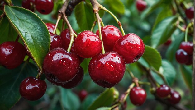 Grupos de cerejas suculentas maduras pendurados tentadoramente