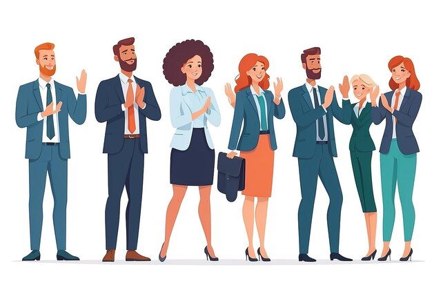 Foto grupos de homens e mulheres de negócios de pé aplaudindo o espectador gesto de palmas apreciação do sucesso da equipe ovação ilustração vetorial de estilo plano isolada em fundo branco