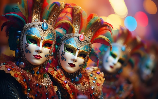 grupos de pessoas em trajes coloridos máscaras de carnaval
