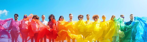 Grupos diversos mezclados con la bandera del arco iris para los anuncios de inclusión de unidad del mes del orgullo