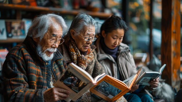 Grupos diversos de personas que leen libros y revistas