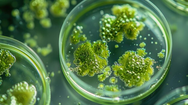 Grupos de microalgas verdes bajo examen científico en el laboratorio