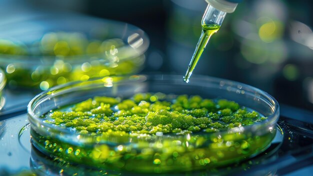 Foto grupos de microalgas verdes bajo examen científico en el laboratorio