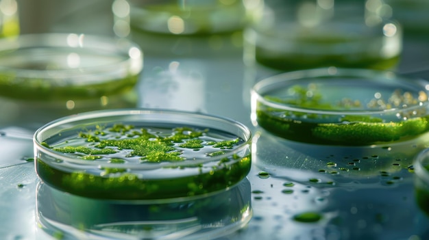 Foto grupos de microalgas verdes bajo examen científico en el laboratorio