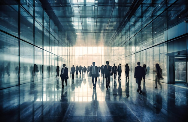 Foto grupos de personas caminando en un gran centro de negocios con paredes de vidrio
