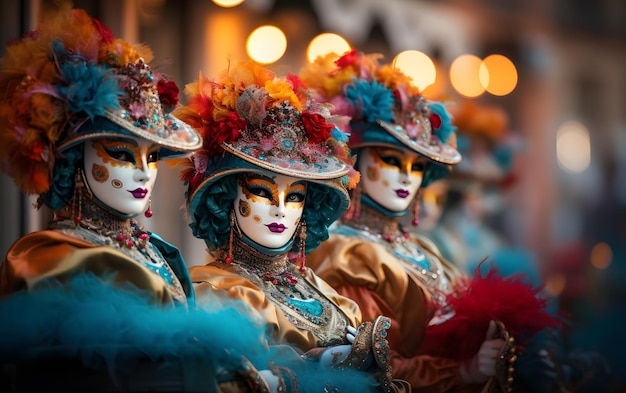 grupos de personas en disfraces máscaras de carnaval coloridas