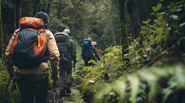 Gruppe abenteuerlustiger Wanderer, die durch einen dichten Waldweg wandern