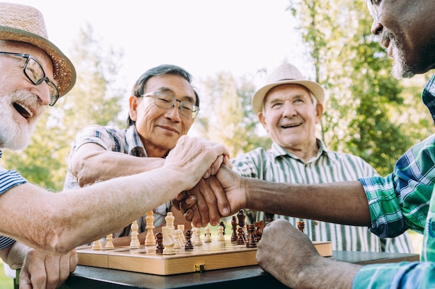 Gruppe ältere Freunde, die Schachspiel im Park spielen. Lifestyle-Konzepte zu Seniorität und drittem Alter