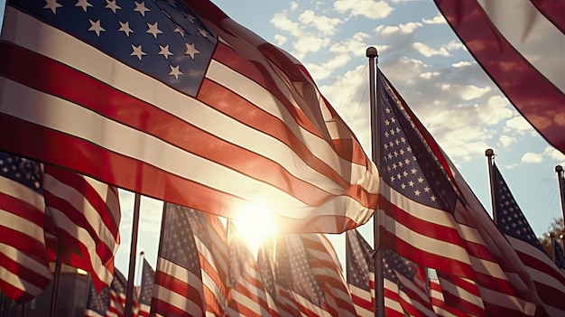 Gruppe amerikanischer Flaggen, die im Wind wehen Amerikanischer Unabhängigkeitstag