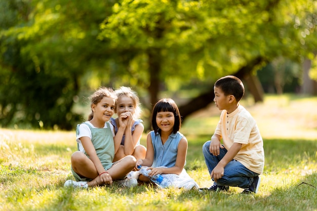 Gruppe asiatischer und kaukasischer Kinder, die sich im Park amüsieren