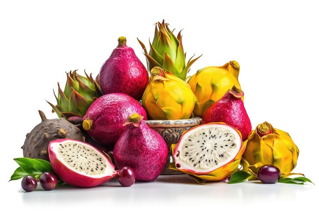 Foto gruppe bunter exotischer früchte wie drachenfrucht und passionsfrucht auf weiß