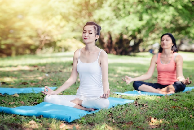 Gruppe der Frau bereiten sich auf die Yogaübung vor, die an einem hellen Morgen im Park im Freien ist.