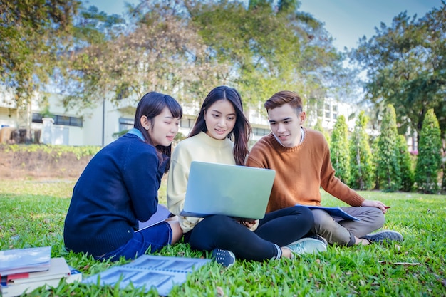 Gruppe des Asiaten der Hochschulstudenten, die auf dem grünen Gras draußen arbeitet und zusammen liest