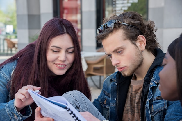 Gruppe des Studenten studierend auf der Bank