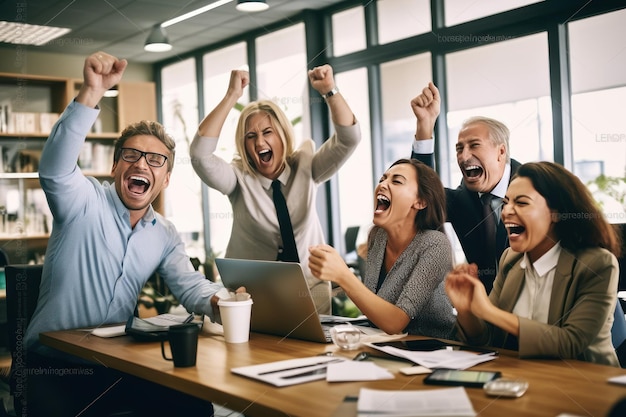 Gruppe erfolgreicher, glücklicher Geschäftsleute im Büro, die generative KI feiern