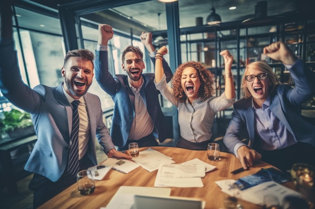 Gruppe erfolgreicher, glücklicher Geschäftsleute im Büro, die generative KI feiern