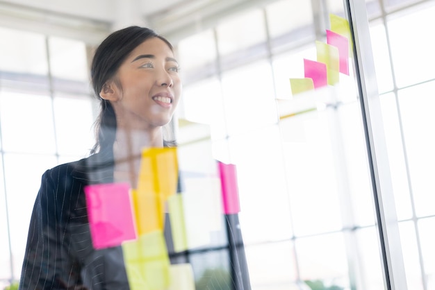 Gruppe erfolgreicher Teamwork asiatischer Geschäftsfrauen Brainstorming-Meeting mit bunten Haftnotizen an der Glaswand für neue Ideen mit agiler Methodik für Unternehmen in einem Tech-Startup-Büro