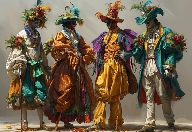 Gruppe farbenfroh gekleideter Männer, die in Kostümen zusammenstehen