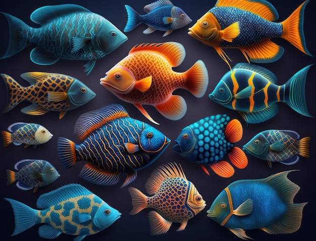 Gruppe farbenfroher Fische auf dunklem Hintergrund mit generativer KI-Technologie erstellt