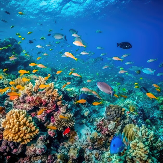 Gruppe farbenfroher Fische und Meerestiere mit farbenfrohen Korallen unter Wasser im Ozean Generative KI