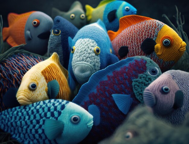 Foto gruppe farbenfroher gestrickter fische auf dunklem hintergrund, erstellt mit generativer ki-technologie