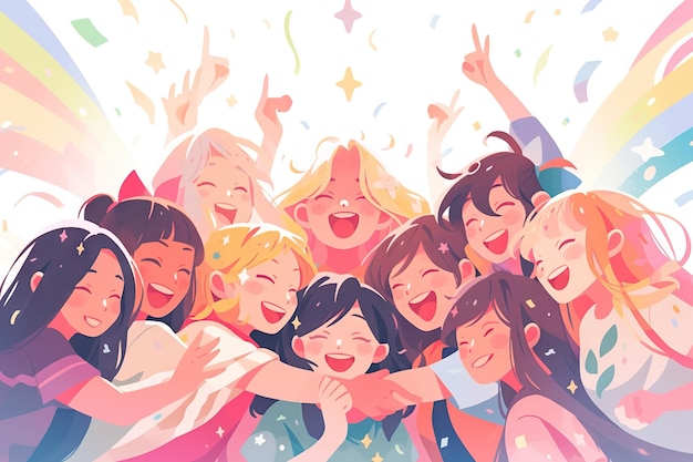Gruppe Frauen Freunde umarmen Illustration Anime-Stil Illustration bunte Zeichnung