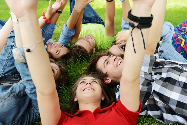 Foto gruppe freunde, die auf wiese liegen