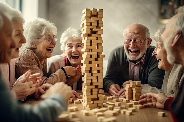 Foto gruppe fröhlicher alter menschen, die jenga spielen, erstellt mit generativer ki-technologie